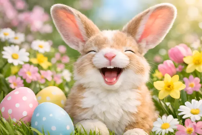 Fröhlicher Osterhase in bunter Blumenwiese