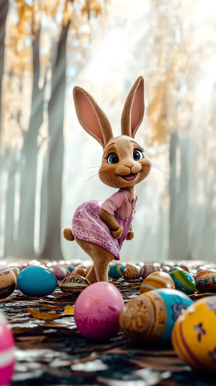 Fröhlicher Osterhase in bunter Waldlandschaft