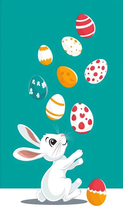 Fröhlicher Osterhase jongliert bunte Eier