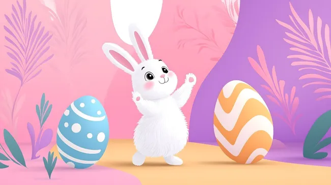 Fröhlicher Osterhase mit bemalten Eiern in bunter Frühlingslandschaft