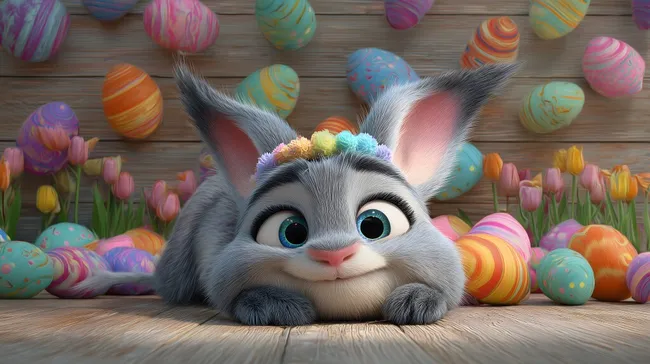 Fröhlicher Osterhase mit Blütenkranz und bunten Eiern