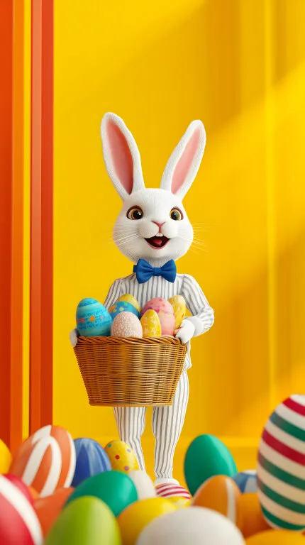 Fröhlicher Osterhase mit buntem Eierkorb