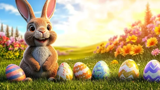 Fröhlicher Osterhase mit bunten Eiern in Frühlingslandschaft