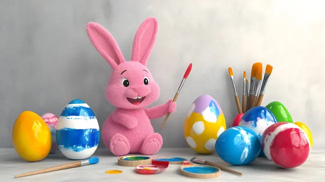 Fröhlicher Osterhase mit bunten Eiern und Malmaterial