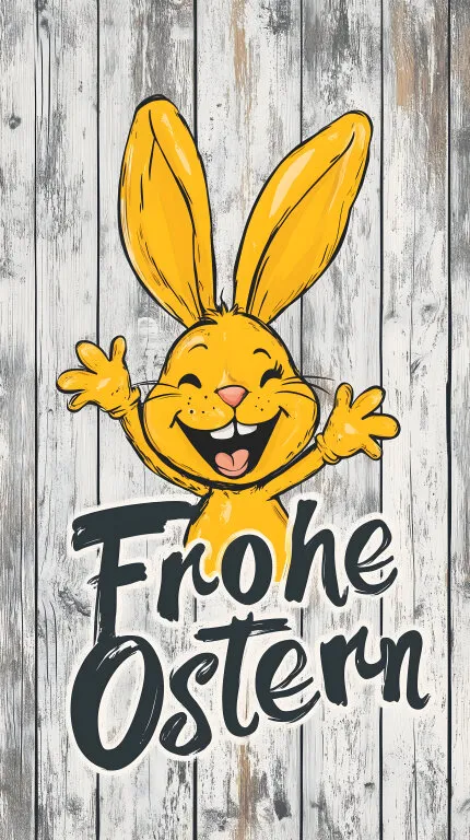 Fröhlicher Osterhase mit großen Ohren und Grußschriftzug