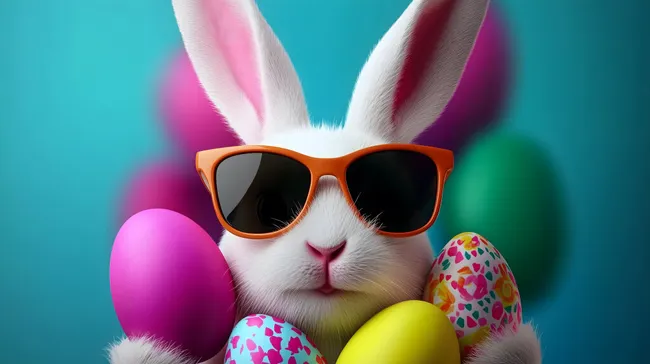 Fröhlicher Osterhase mit Sonnenbrille und bunten Eiern