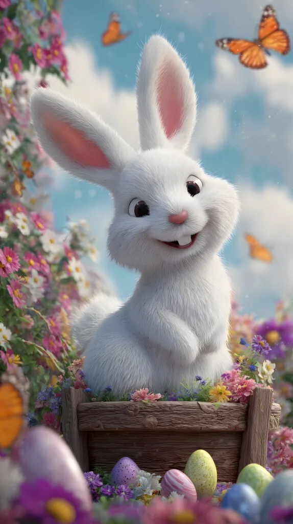 Fröhlicher Osterhase vor Frühlingsblumen