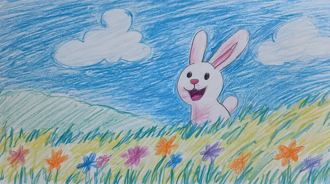 Fröhlicher Osterhasenkinder-Malbild unter Wolken