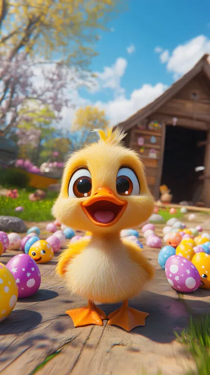 Fröhlicher Osterkücken vor idyllischer Holzhütte