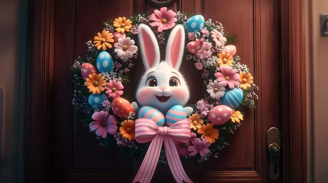 Fröhlicher Osternest-Kranz mit bunten Eiern und Hasen