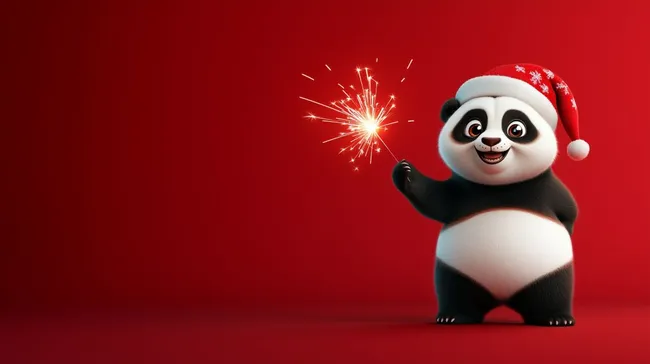 Fröhlicher Panda in Weihnachtsmütze mit Wunderkerze