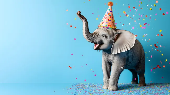 Fröhlicher Partyelefant mit Konfetti und Geburtstagsmütze