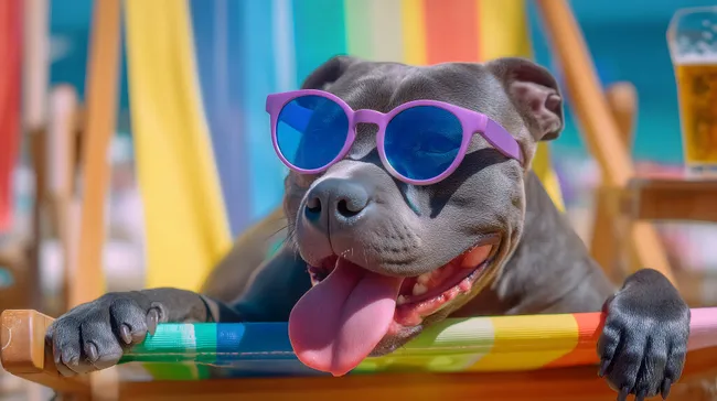 Fröhlicher Pitbull im Urlaubsfeeling am Strand