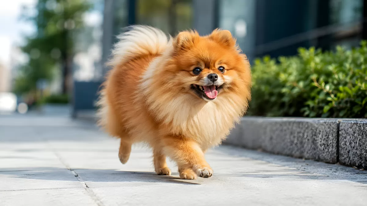 Fröhlicher Pomeranian läuft auf einem Stadtbürgersteig