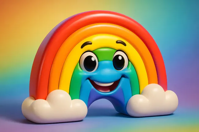 Fröhlicher Regenbogen-Charakter in bunter 3D-Darstellung