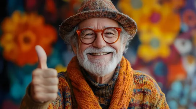 Fröhlicher Rentner mit Daumen hoch