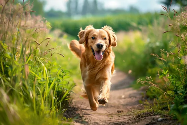 Fröhlicher Retriever läuft durch ländliche Landschaft