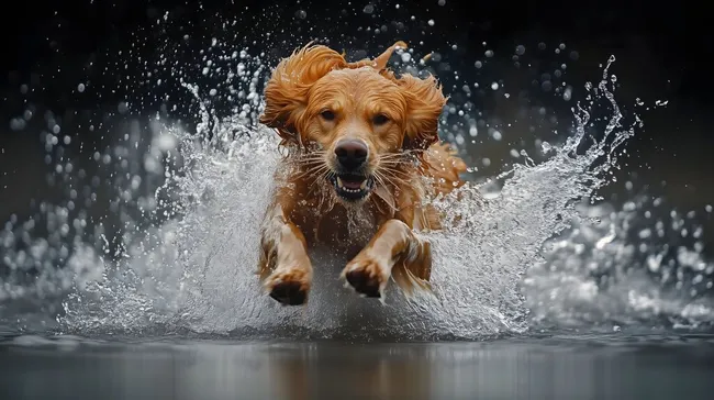 Fröhlicher Retriever stürzt sich in Wasserschwall