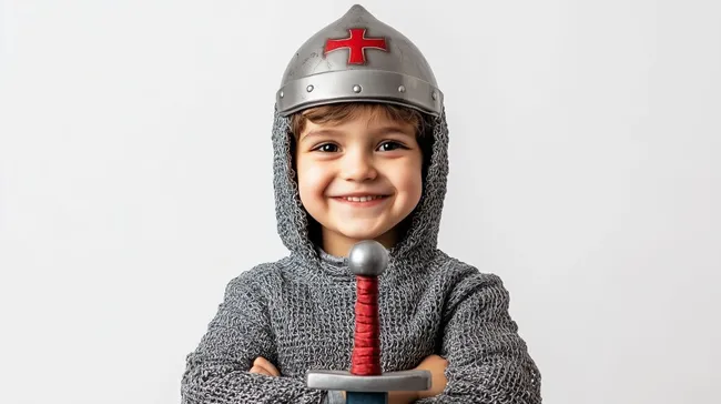 Fröhlicher Ritterkämpfer in Silberpanzer mit Helm und Schwert