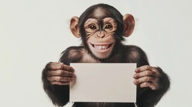 Fröhlicher Schimpanse mit leerem Schild