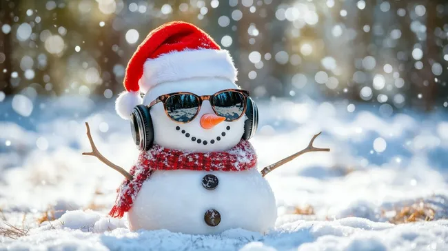 Fröhlicher Schneemann in winterlicher Landschaft