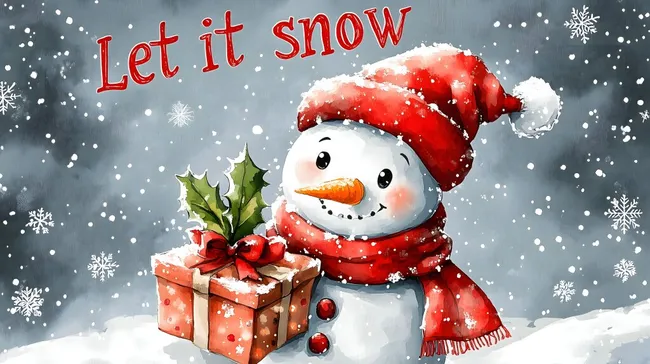 Fröhlicher Schneemann mit Geschenk im Winterwunderland