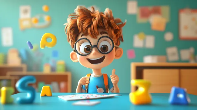 Fröhlicher Schüler lernt spielerisch in der Klasse