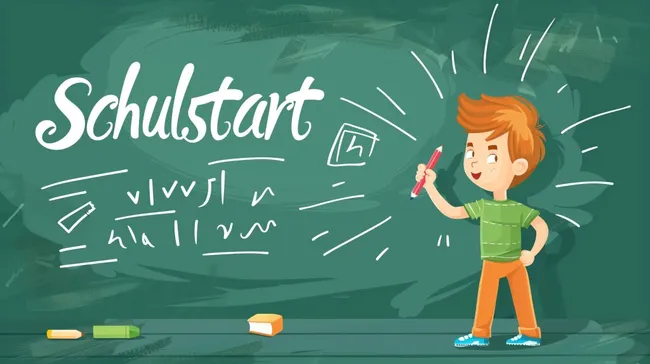 Fröhlicher Schüler schreibt Schulbeginn an die Tafel