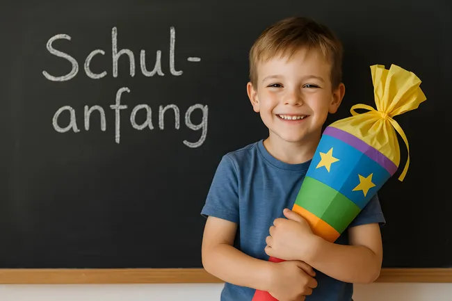 Fröhlicher Schüler startet ins neue Schuljahr mit Schultüte