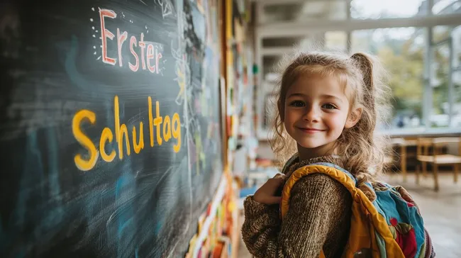 Fröhlicher Schulanfänger vor der Tafel