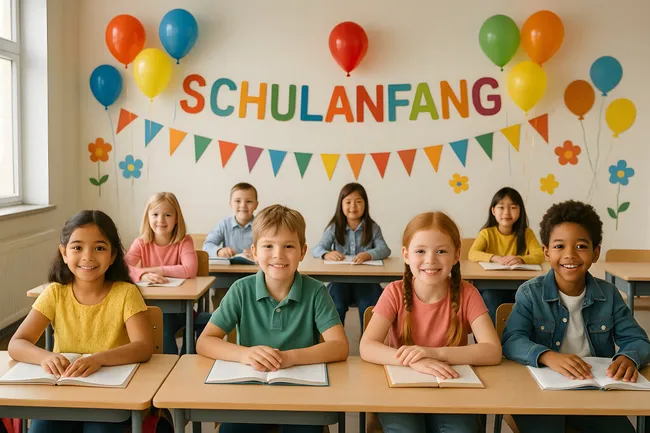 Fröhlicher Schulanfang in buntem Klassenzimmer