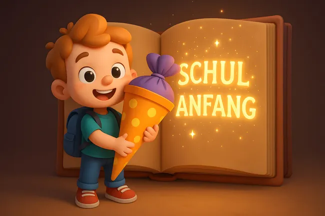 Fröhlicher Schulanfang mit buntem Buch und Schulsachen