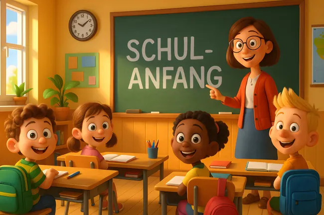 Fröhlicher Schulanfang mit Lehrerin und Schülern im bunten Klassenzimmer