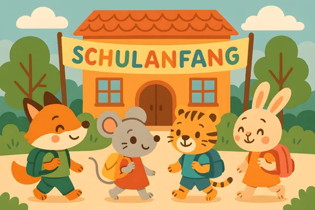 Fröhlicher Schulanfang mit Tieren in der Schule