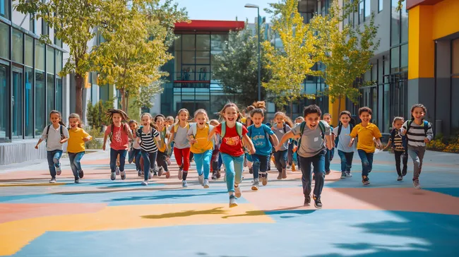 Fröhlicher Schulausflug auf dem Pausenhof
