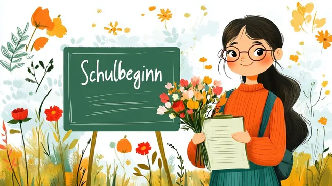 Fröhlicher Schulbeginn mit Schulmädchen und Blumenstrauß