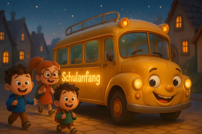 Fröhlicher Schulbus mit lächelnden Kindern