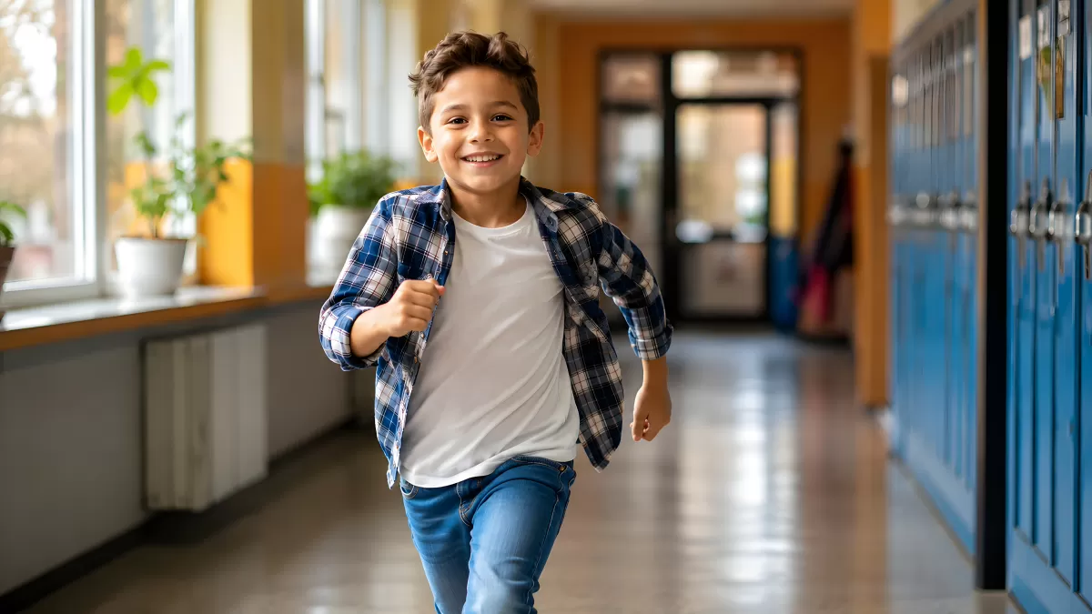 Fröhlicher Schuljunge läuft durch den Schulflur