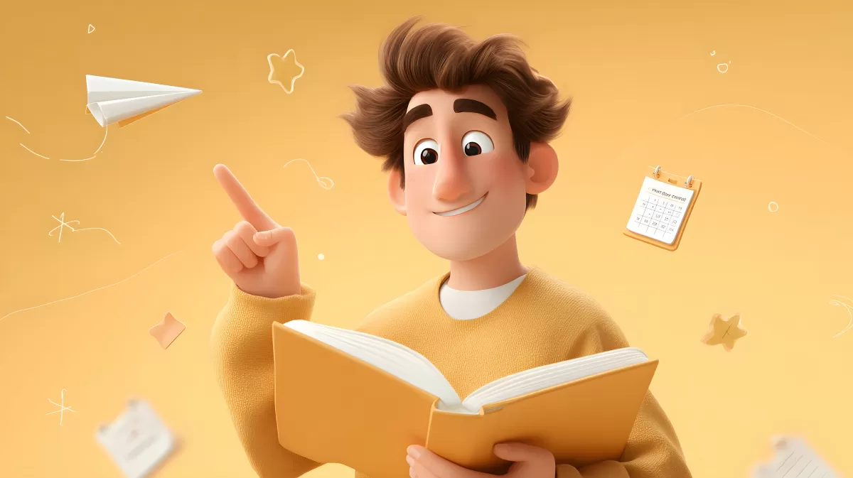 Fröhlicher Schuljunge liest ein Buch mit Begeisterung