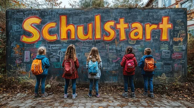 Fröhlicher Schulstart mit bunten Rucksäcken und Kreideaufschrift