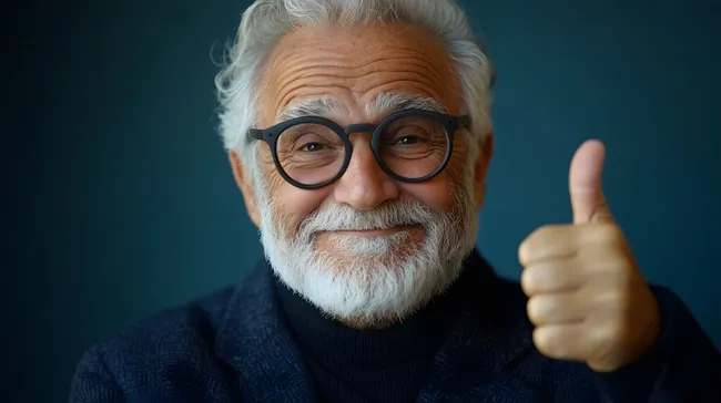 Fröhlicher Seniormann mit Brille und Daumen hoch