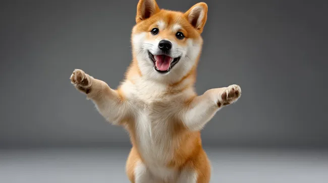 Fröhlicher Shiba Inu Hund mit offenen Pfoten vor grauem Hintergrund