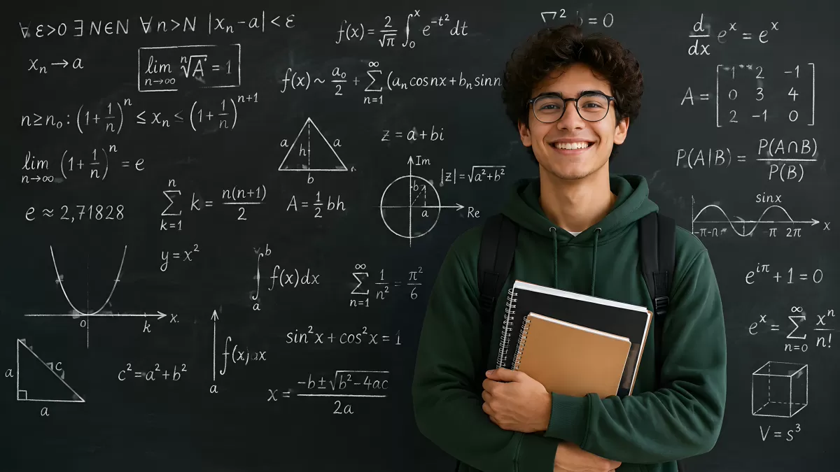 Fröhlicher Student vor Tafel mit Matheaufgaben
