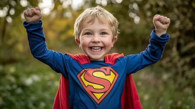 Fröhlicher Superheld mit Jubelgeste im Freien