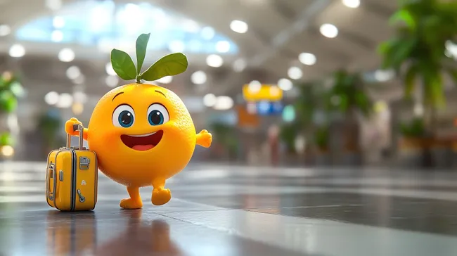 Fröhlicher Tangerine-Charakter mit Gepäck am Flughafen