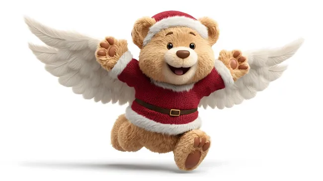 Fröhlicher Teddybär im Weihnachtsoutfit mit Flügeln