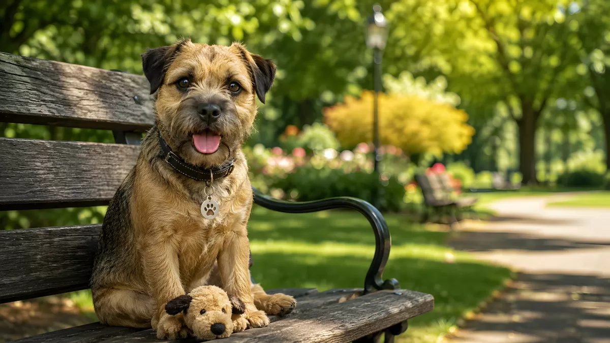 Fröhlicher Terrier sitzt auf Parkbank mit Stofftier