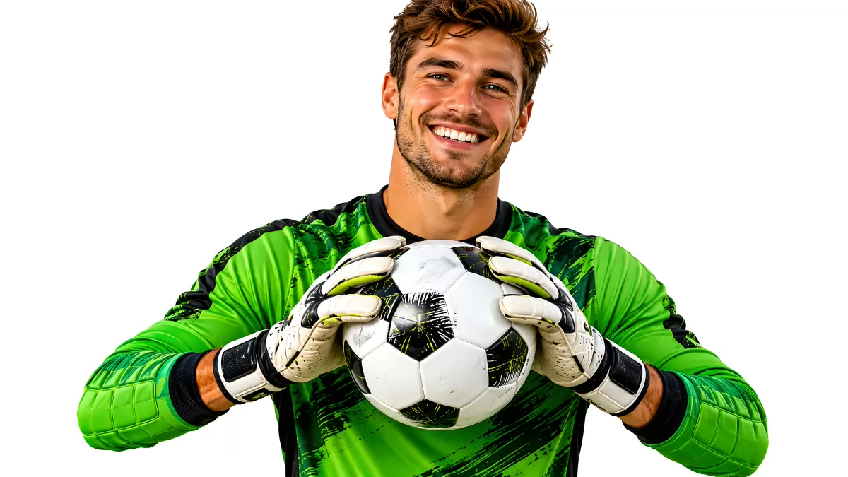 Fröhlicher Torwart mit Fußball vor weißem Grund