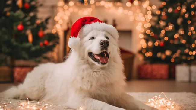 Fröhlicher Weihnachtshund in roter Mütze