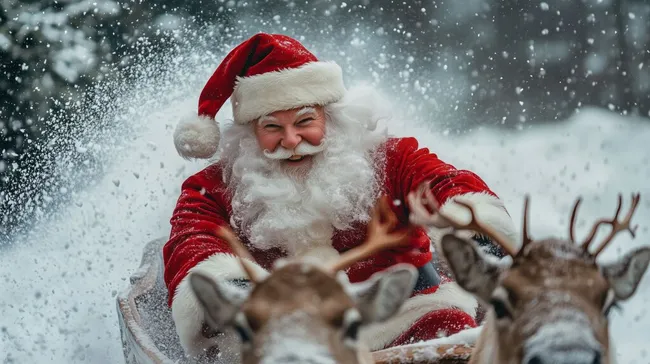 Fröhlicher Weihnachtsmann auf dem Schlitten im Schneegestöber
